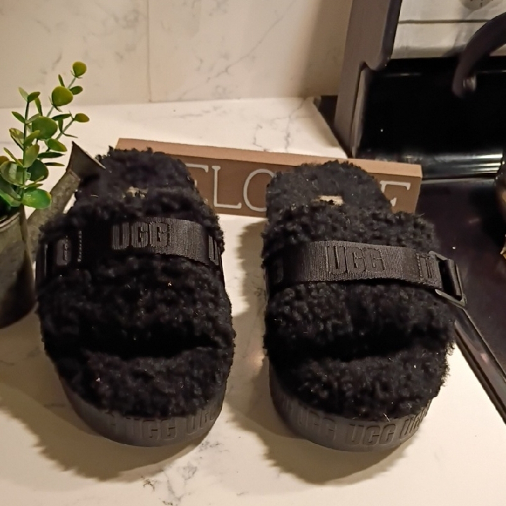 UGG Black Fluffy Slide Platform Slides Slippers - image 2